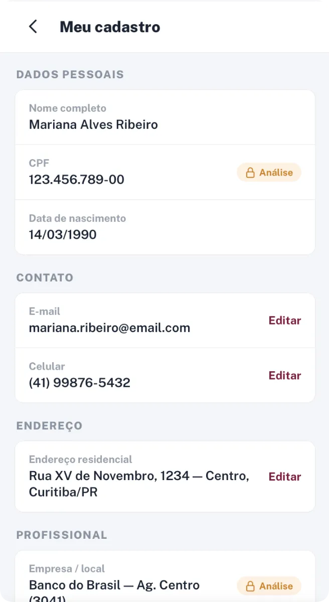 Tela “Meu cadastro” do aplicativo, com dados pessoais do associado