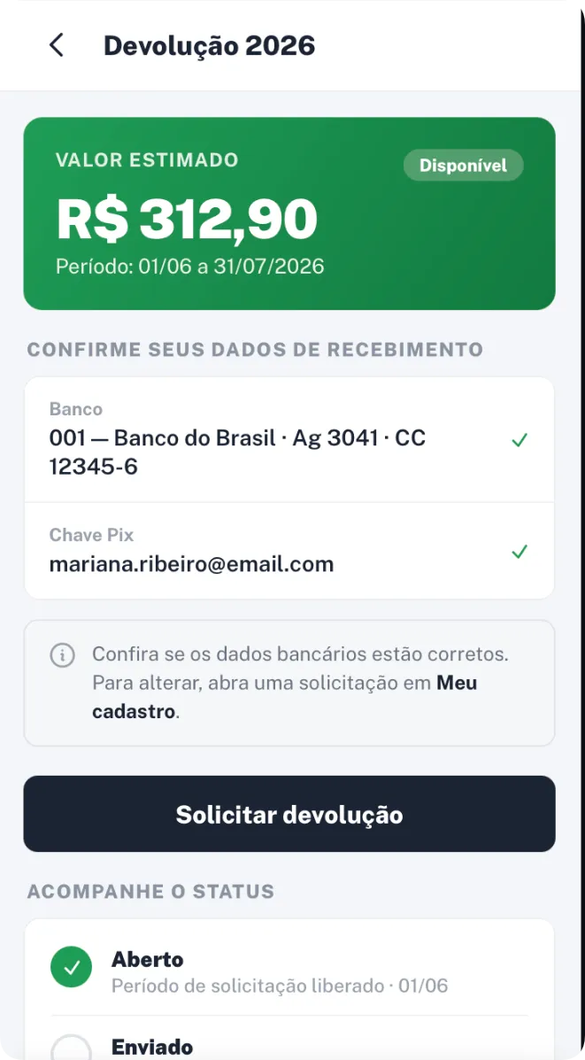 Solicitação de devolução com acompanhamento de status no aplicativo