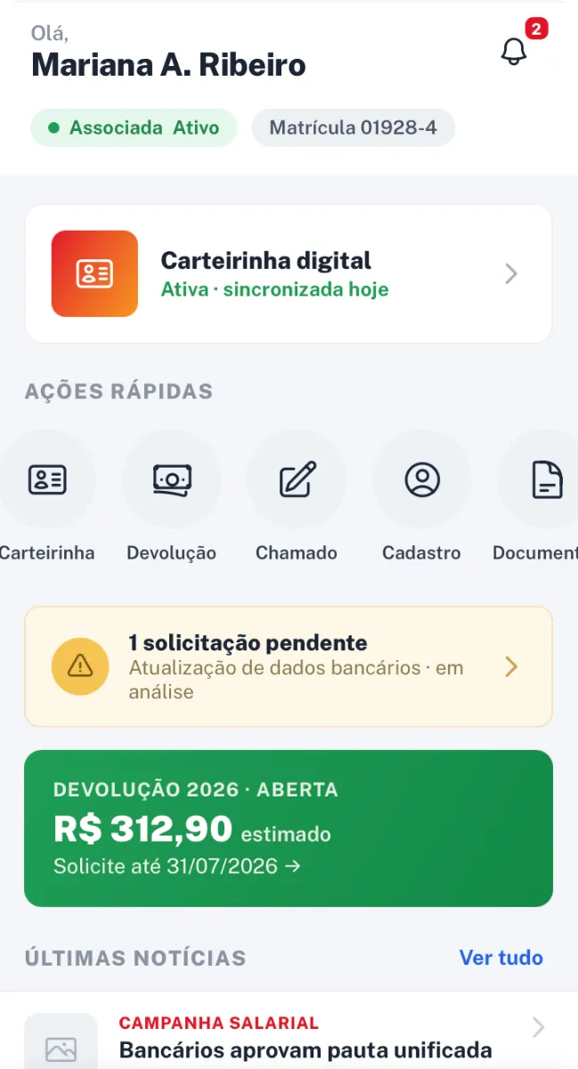 Tela inicial do aplicativo do associado